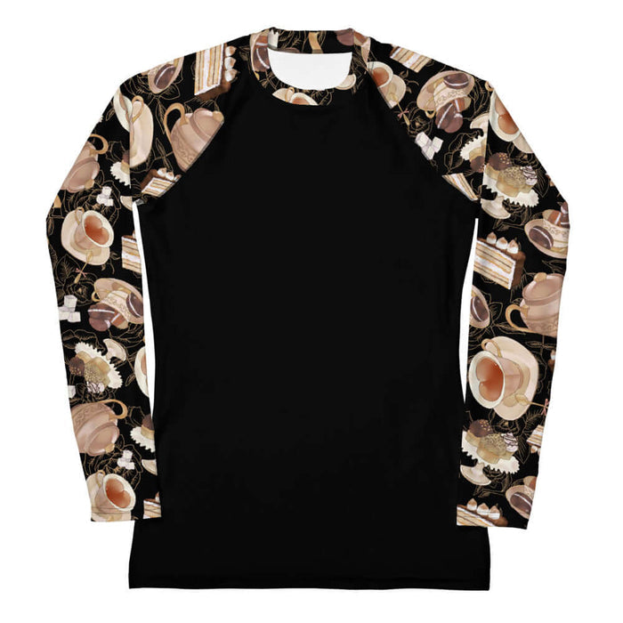 Latte kawaii Café rash guard with heart-shaped teacups and tiramisu cake