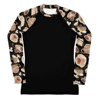 Latte kawaii Café rash guard with heart-shaped teacups and tiramisu cake