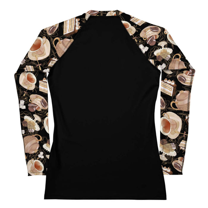 Latte kawaii Café rash guard with heart-shaped teacups and chocolate macarons