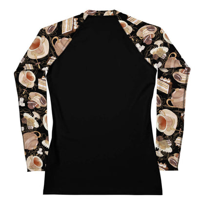 Latte kawaii Café rash guard with heart-shaped teacups and chocolate macarons