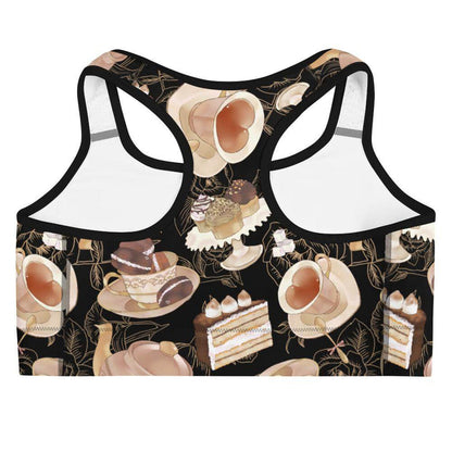 Latte kawaii Café sports bra with heart-shaped teacups and chocolate macarons