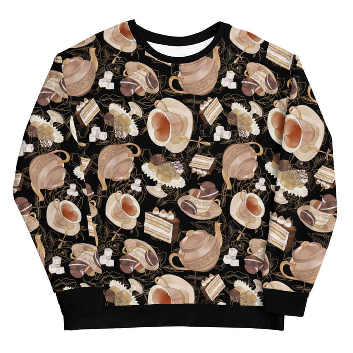 Latte kawaii Café sweatshirt with heart-shaped teacups and tiramisu cake