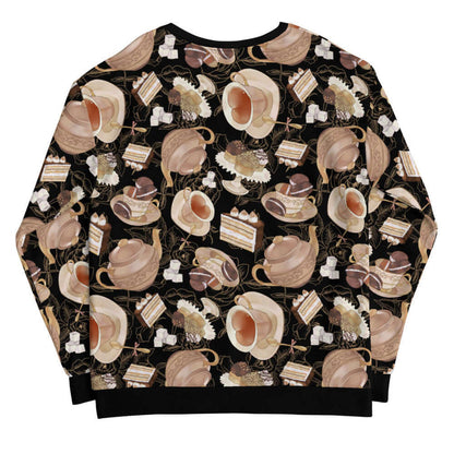 Latte kawaii Café sweatshirt with heart-shaped teacups and chocolate macarons