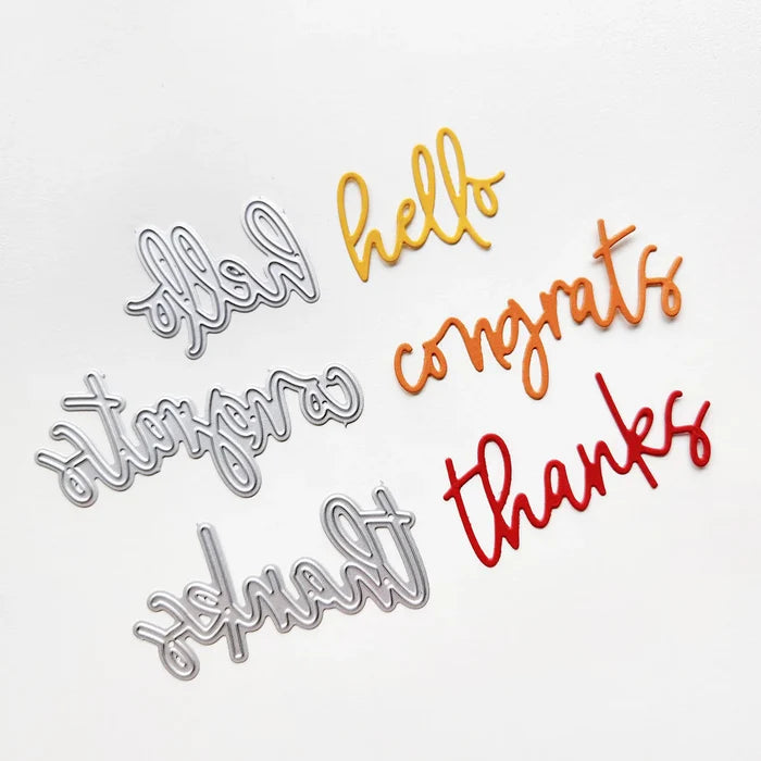 Catherine Pooler - Word Dies - Scripted Sentiments Trio. Die Cuts Hello, Congrats and Thanks. Available at Embellish Away located in Bowmanville Ontario Canada.