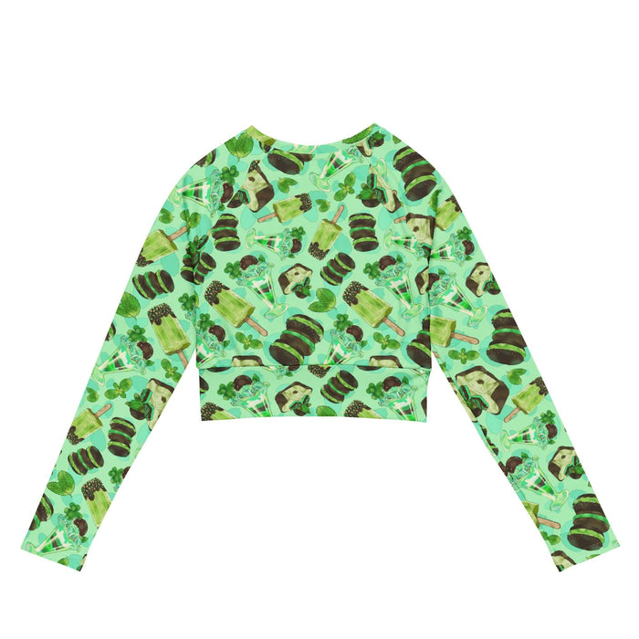 Choco Mint kawaii long-sleeved crop top in mint with layered mint parfaits and chocolate-dipped mint squares