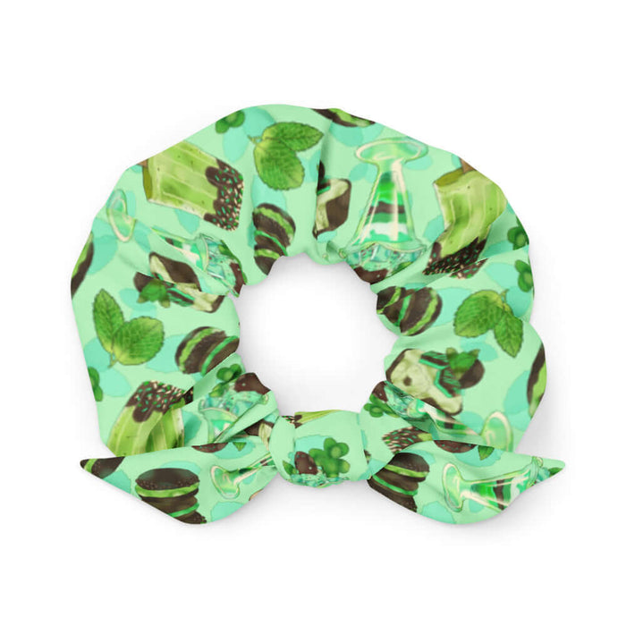 Choco Mint kawaii scrunchie in mint with mint popsicles and mint-cream cookies