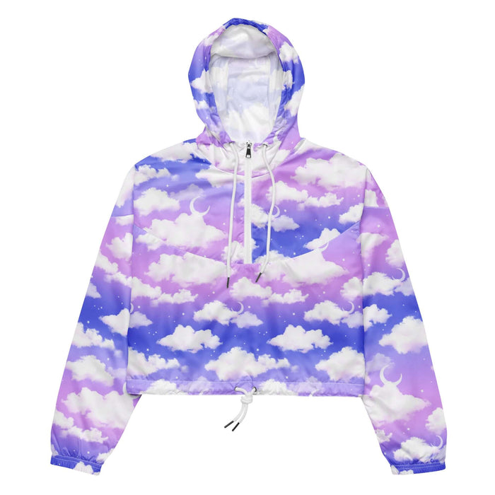 Cloudy Sky kawaii cropped windbreaker with puffy white clouds and crescent moons on a pastel sky