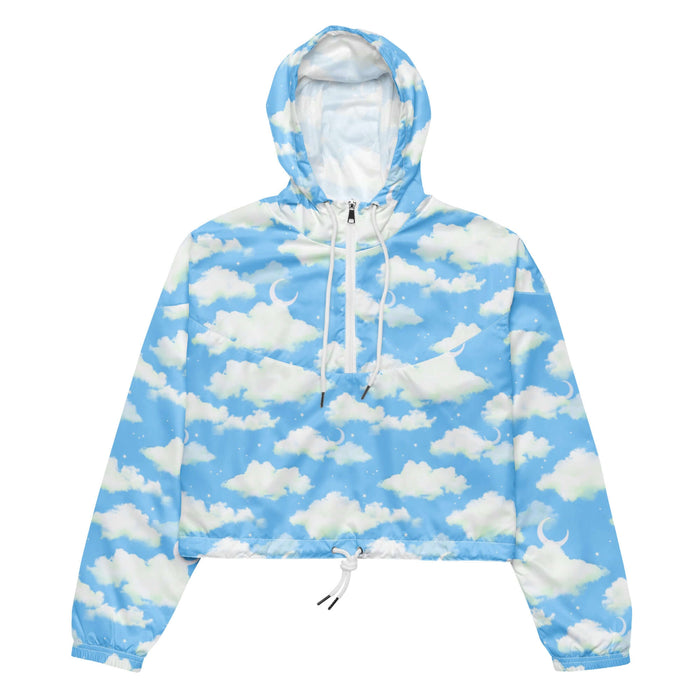 Cloudy Sky kawaii cropped windbreaker with drifting clouds and tiny stars on a pastel sky