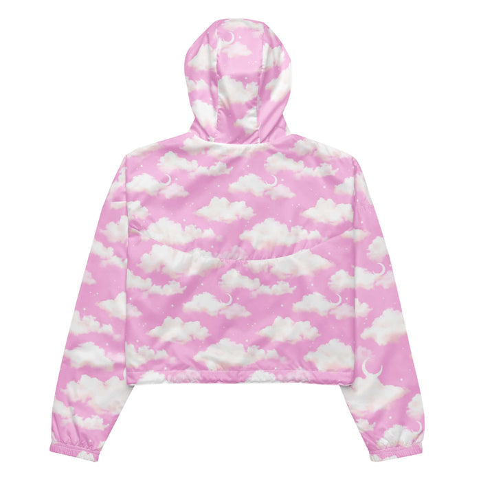 Cloudy Sky kawaii cropped windbreaker in pink with crescent moons and soft clouds