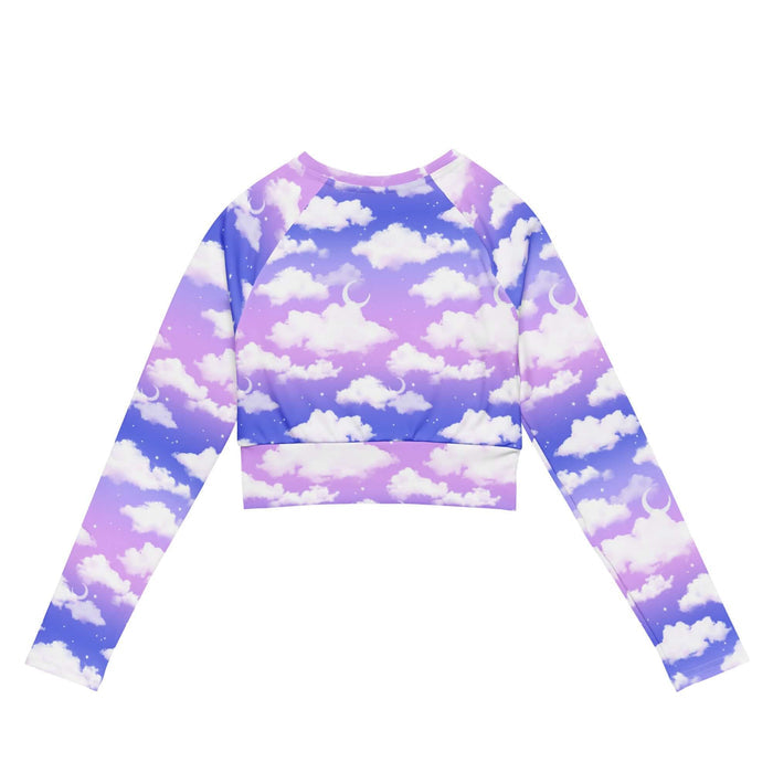 Cloudy Sky kawaii long-sleeve crop top with crescent moons and scattered stars on a pastel sky
