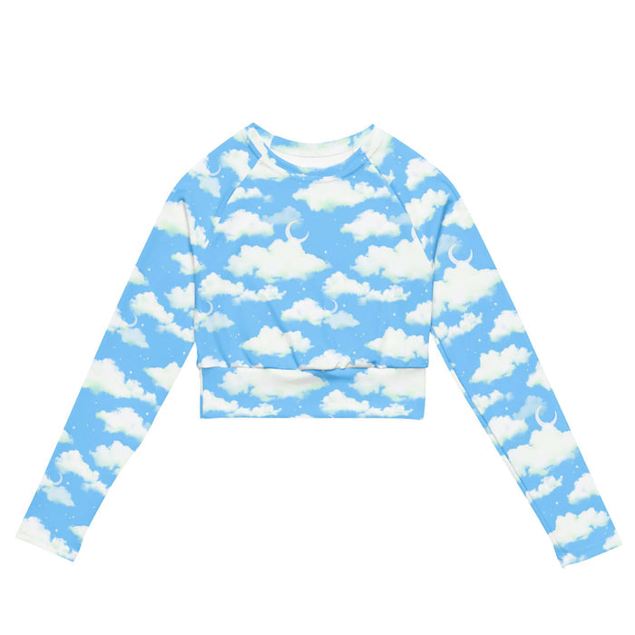 Cloudy Sky kawaii long-sleeve crop top with drifting clouds and tiny stars on a pastel sky