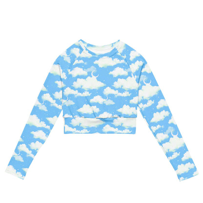 Cloudy Sky kawaii long-sleeve crop top with drifting clouds and tiny stars on a pastel sky