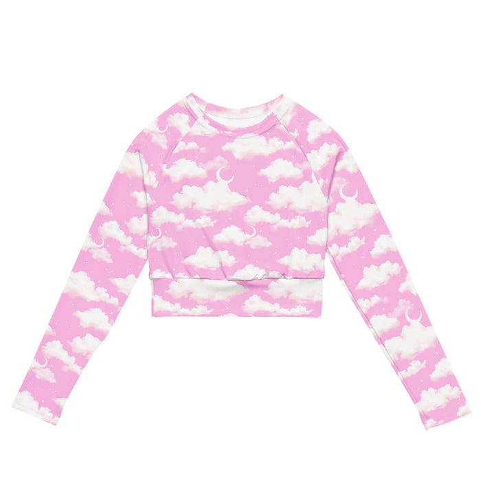 Cloudy Sky kawaii long-sleeve crop top in pink with puffy clouds and sprinkled stars