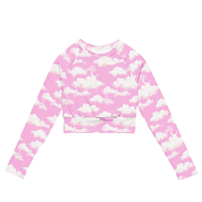 Cloudy Sky kawaii long-sleeve crop top in pink with puffy clouds and sprinkled stars