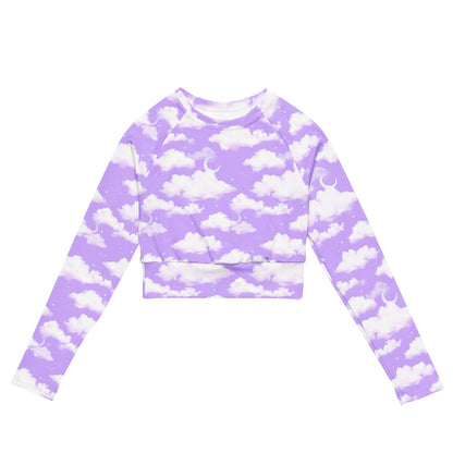 Cloudy Sky kawaii long-sleeve crop top in purple gradient with white clouds and tiny stars
