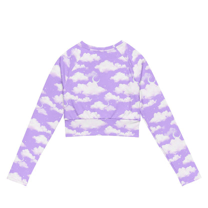 Cloudy Sky kawaii long-sleeve crop top with fluffy cumulus clouds and crescent moons on a pastel sky