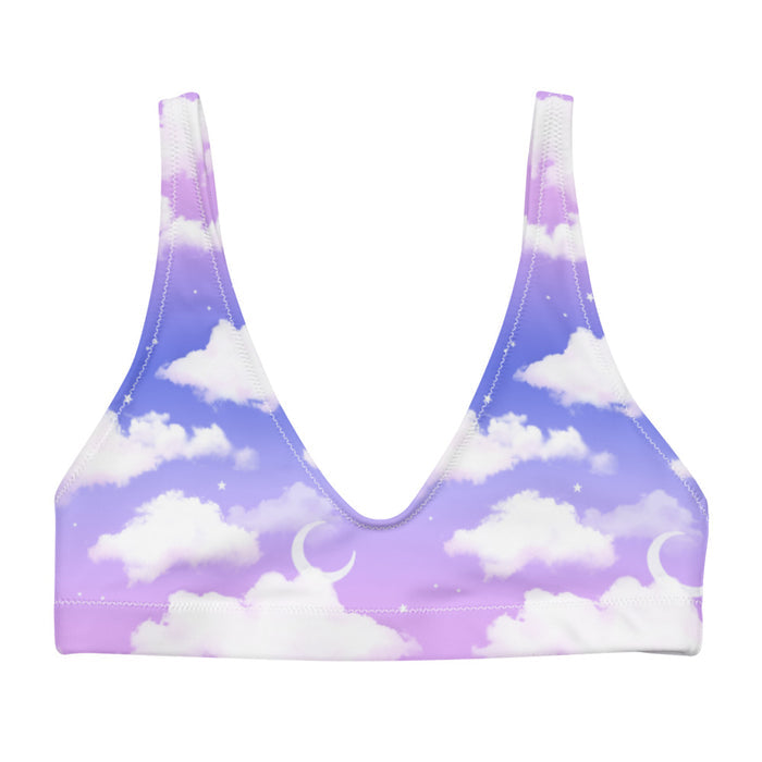Cloudy Sky kawaii bikini top in purple gradient with puffy white clouds and crescent moons