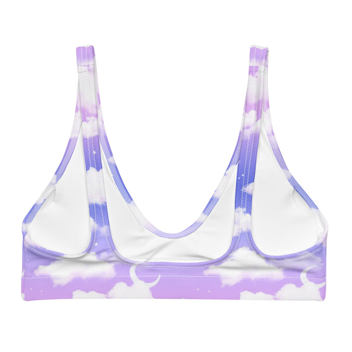 Cloudy Sky kawaii bikini top in purple gradient with crescent moons and scattered stars print
