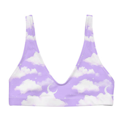 Cloudy Sky kawaii bikini top in lavender with white clouds and tiny stars