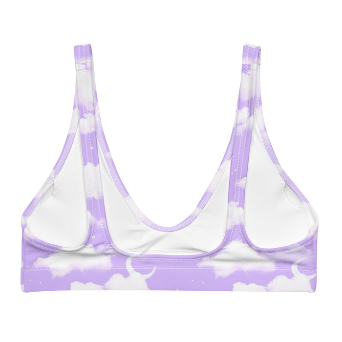 Cloudy Sky kawaii bikini top in purple gradient with fluffy cumulus clouds and crescent moons