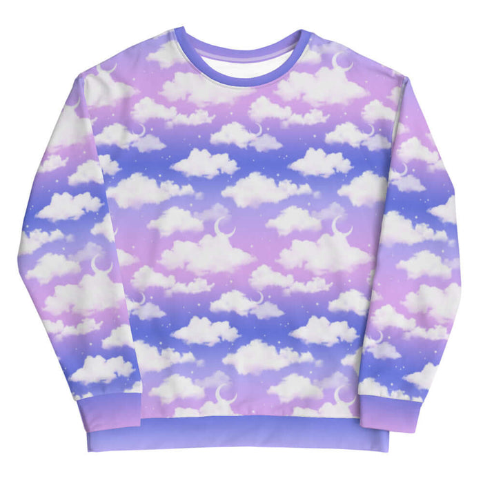 Cloudy Sky kawaii sweatshirt in purple gradient with puffy white clouds and crescent moons