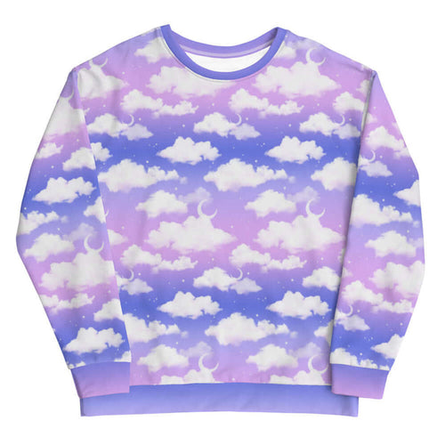 Cloudy Sky kawaii sweatshirt in purple gradient with puffy white clouds and crescent moons