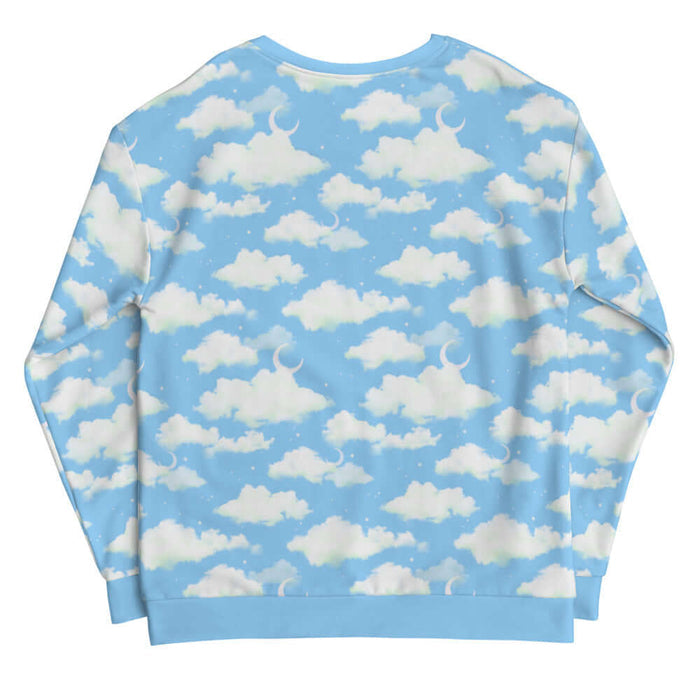 Cloudy Sky kawaii sweatshirt in blue with fluffy clouds and a crescent moon