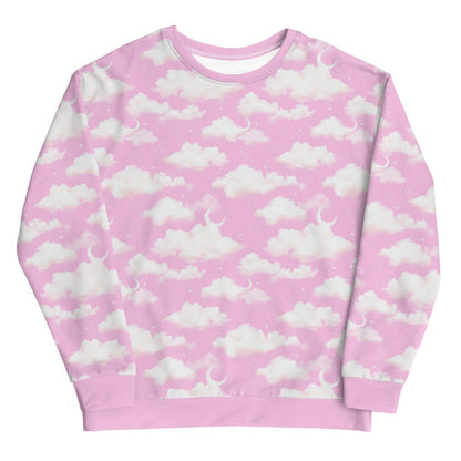 Cloudy Sky kawaii sweatshirt in pink with puffy clouds and sprinkled stars