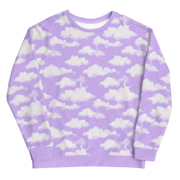 Cloudy Sky kawaii sweatshirt in purple gradient with white clouds and tiny stars