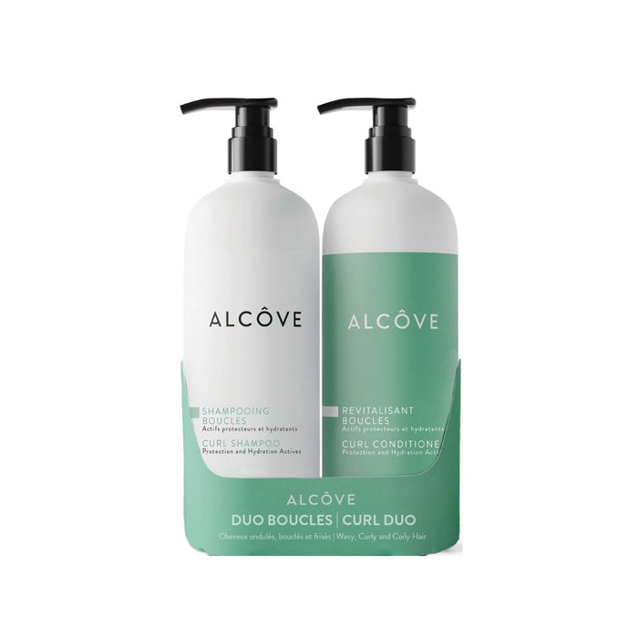 A set of two Alcôve pump bottles for a curl duo, featuring a white and light green shampoo bottle and a white and bright green curl condition bottle, set against a plain white background.