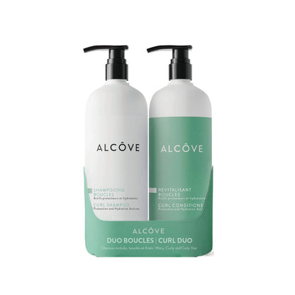 A set of two Alcôve pump bottles for a curl duo, featuring a white and light green shampoo bottle and a white and bright green curl condition bottle, set against a plain white background.