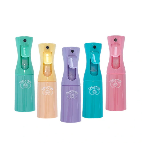 Five colorful continuous spray mist bottles with 'Curlytops' branding on a white background