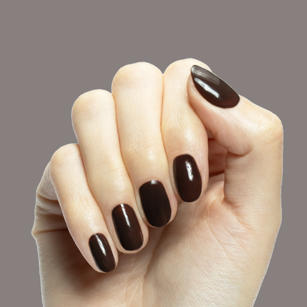 Hand with Dark Chocolate gel polish on medium-length rounded nails against soft gray background