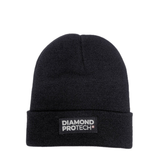 Black beanie with Diamond Protech logo on a white background