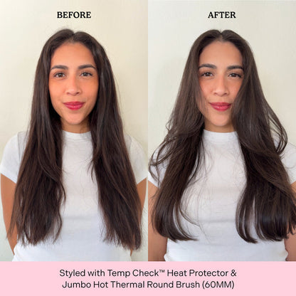 Before and after of woman's hair styled using temp check heat protectant and hot round brush