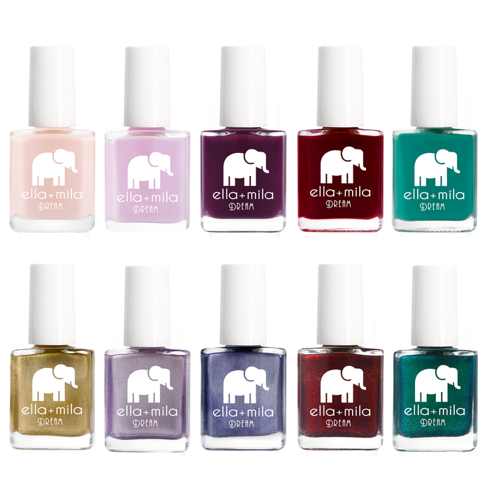 Dream Collection 8 nail polish bottles in pastels, purples, gold, wine red, grey and green