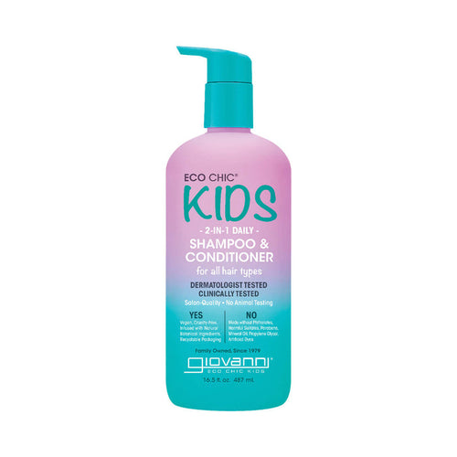 487ml pump bottle of Giovanni Eco Chic Kids 2-in-1 Daily Shampoo & Conditioner for all hair types. Infused with watermelon and strawberry extracts, designed for kids.