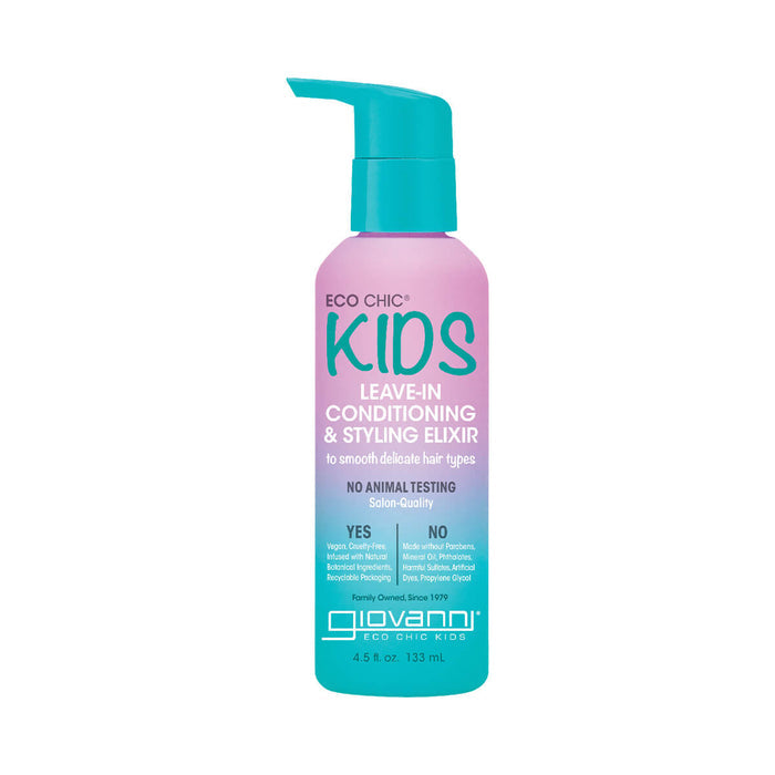 133ml pump bottle of Giovanni Eco Chic Kids Leave-in Conditioning & Styling Elixir with watermelon and strawberry extracts, to smooth delicate hair types.