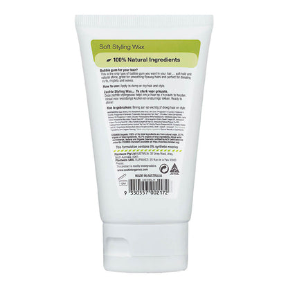 Back of tube of natural soft hair styling wax for kids, showing ingredients and directions.