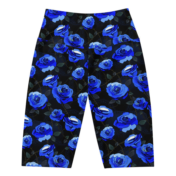 Enchanted Rose Biker Shorts in cobalt blue with roses and briars, goth biker shorts