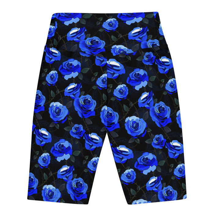 Blue Enchanted Rose Biker Shorts with blue roses and lace doilies, kawaii goth gym shorts