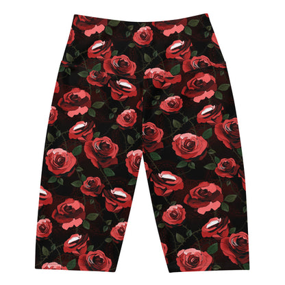 Enchanted Rose Biker Shorts with rose blossoms and thorny stems, alternative biker shorts