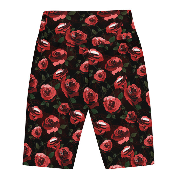 Enchanted Rose Biker Shorts high-waist view with roses and doily hearts, gothic activewear shorts