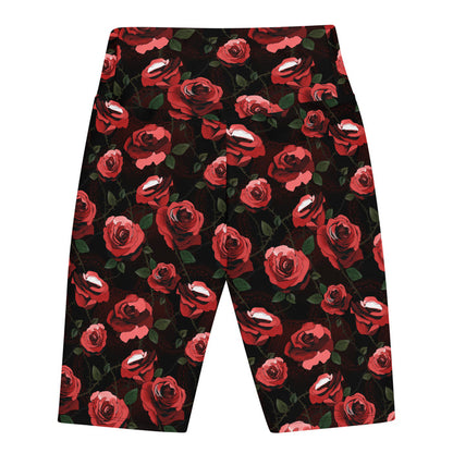 Enchanted Rose Biker Shorts high-waist view with roses and doily hearts, gothic activewear shorts
