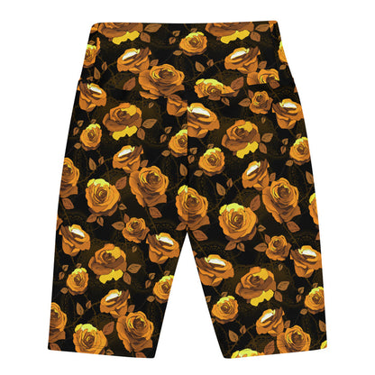 Enchanted Rose Biker Shorts in gold with roses and thorny stems, kawaii goth biker shorts
