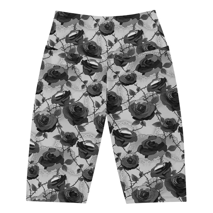 Enchanted Rose Biker Shorts with watercolor roses and leaves, gothic kawaii gym shorts