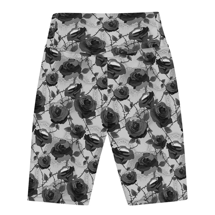 Enchanted Rose Biker Shorts with full-bloom roses and briar stems, alternative workout shorts
