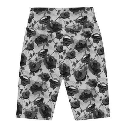 Enchanted Rose Biker Shorts with full-bloom roses and briar stems, alternative workout shorts