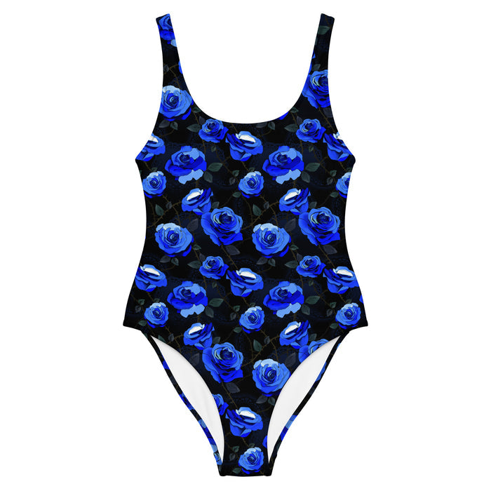 Enchanted Rose One-Piece Swimsuit in cobalt blue with roses and briars, gothic lolita swimsuit