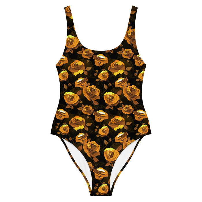 Enchanted Rose One-Piece Swimsuit with watercolor roses and leaves, gothic kawaii swim